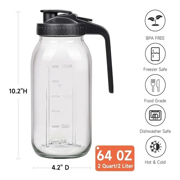 3 Pack 64 Oz Wide Mouth Mason Jar Pitchers with Airtight Lids – Leak-Proof Glass - Picture 3 of 8